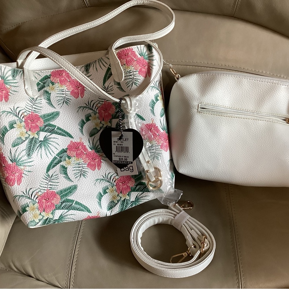 White Floral Tote Bag with Removable Pouch - White / Pink